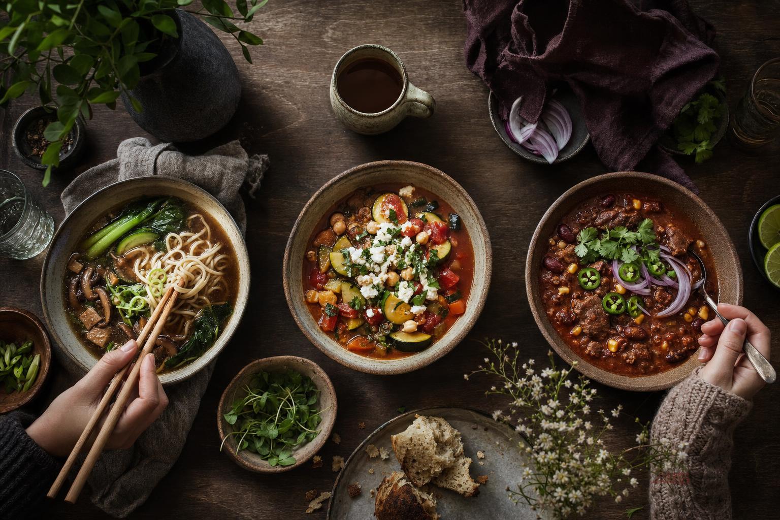 One Pot Bone Broth: drei Eintöpfe in Schüsseln