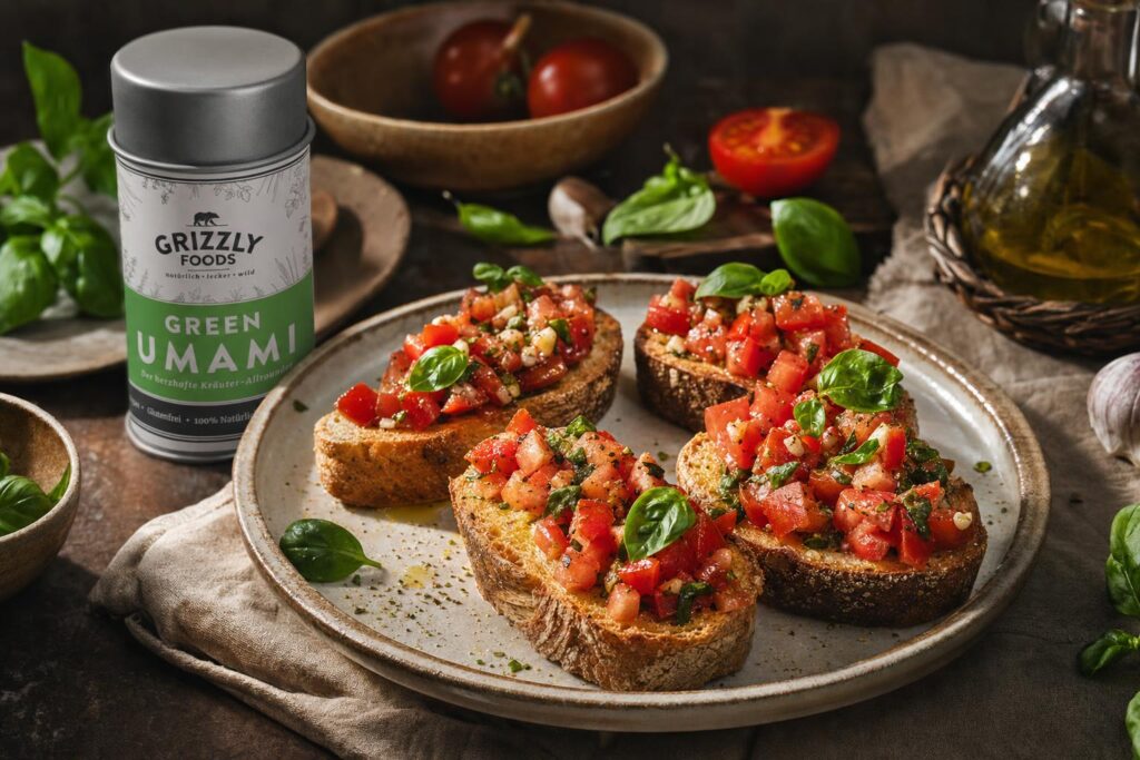 Geröstete Brotscheiben mit Tomatenwürfeln, frischem Basilikum und Knoblauch auf einem Holzbrett, appetitlich angerichtet.