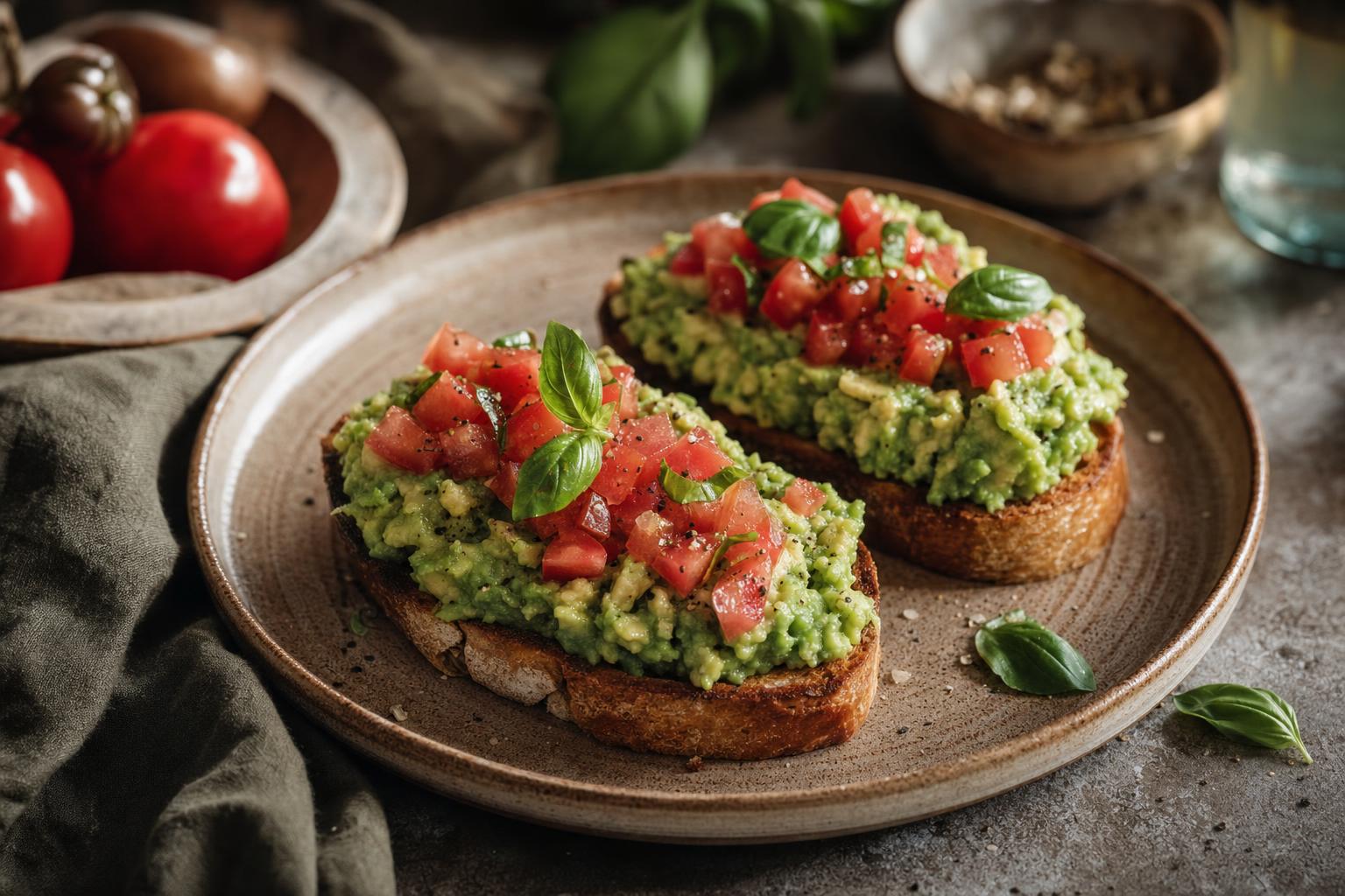 Bruschetta mit Avocado, gewürfelten Tomaten und frischem Basilikum auf geröstetem Brot, serviert auf einem Holzbrett.