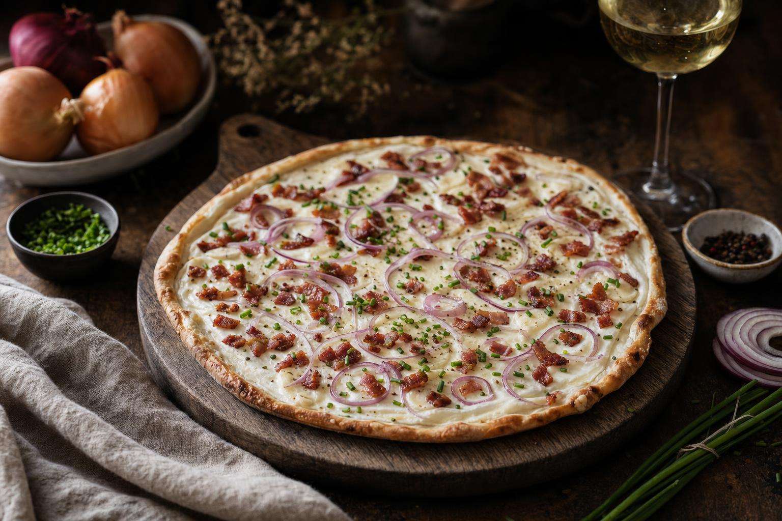 Elsässer Flammkuchen mit knusprigem Teig, Speck, roten Zwiebelringen, Schnittlauch und Schmand auf Holzbrett, daneben Zwiebeln und Weißwein.