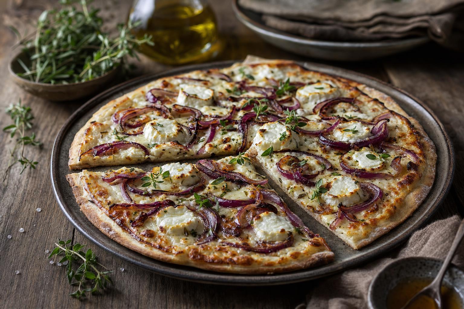 Flammkuchen mit Ziegenkäse, karamellisierten roten Zwiebeln und frischen Kräutern auf knusprigem, goldbraunem Boden