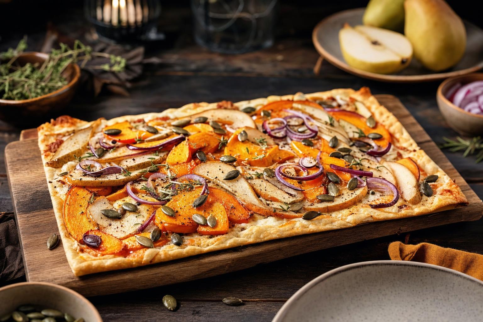 Rechteckiger Flammkuchen mit Kürbis, Birnenscheiben, roten Zwiebeln und gerösteten Kürbiskernen auf Holzbrett, herbstlich angerichtet.