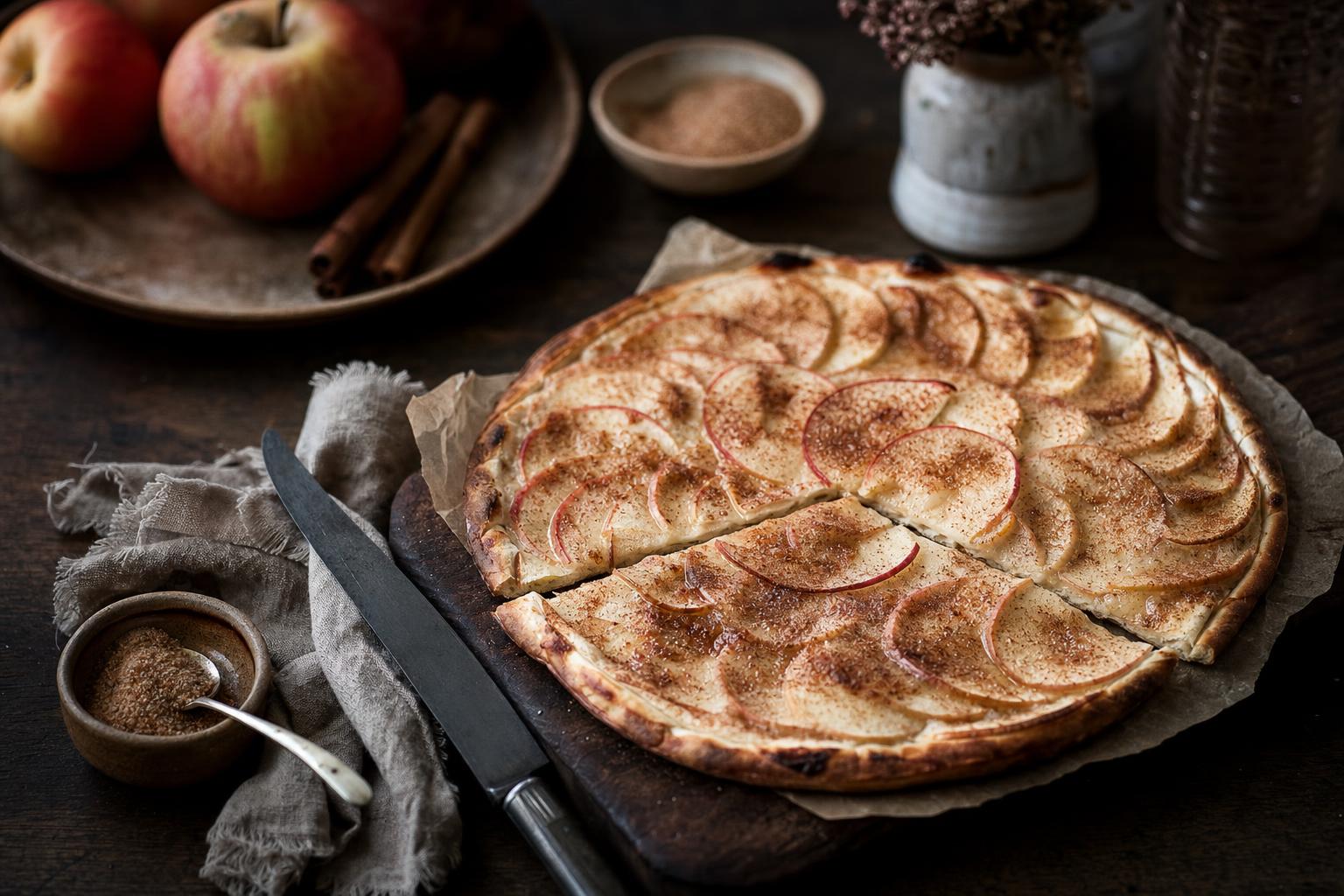 Süßer Flammkuchen mit dünnen Apfelscheiben und Zimt-Zucker auf knusprigem Boden, serviert auf Holzbrett mit Äpfeln und Zimtstangen.