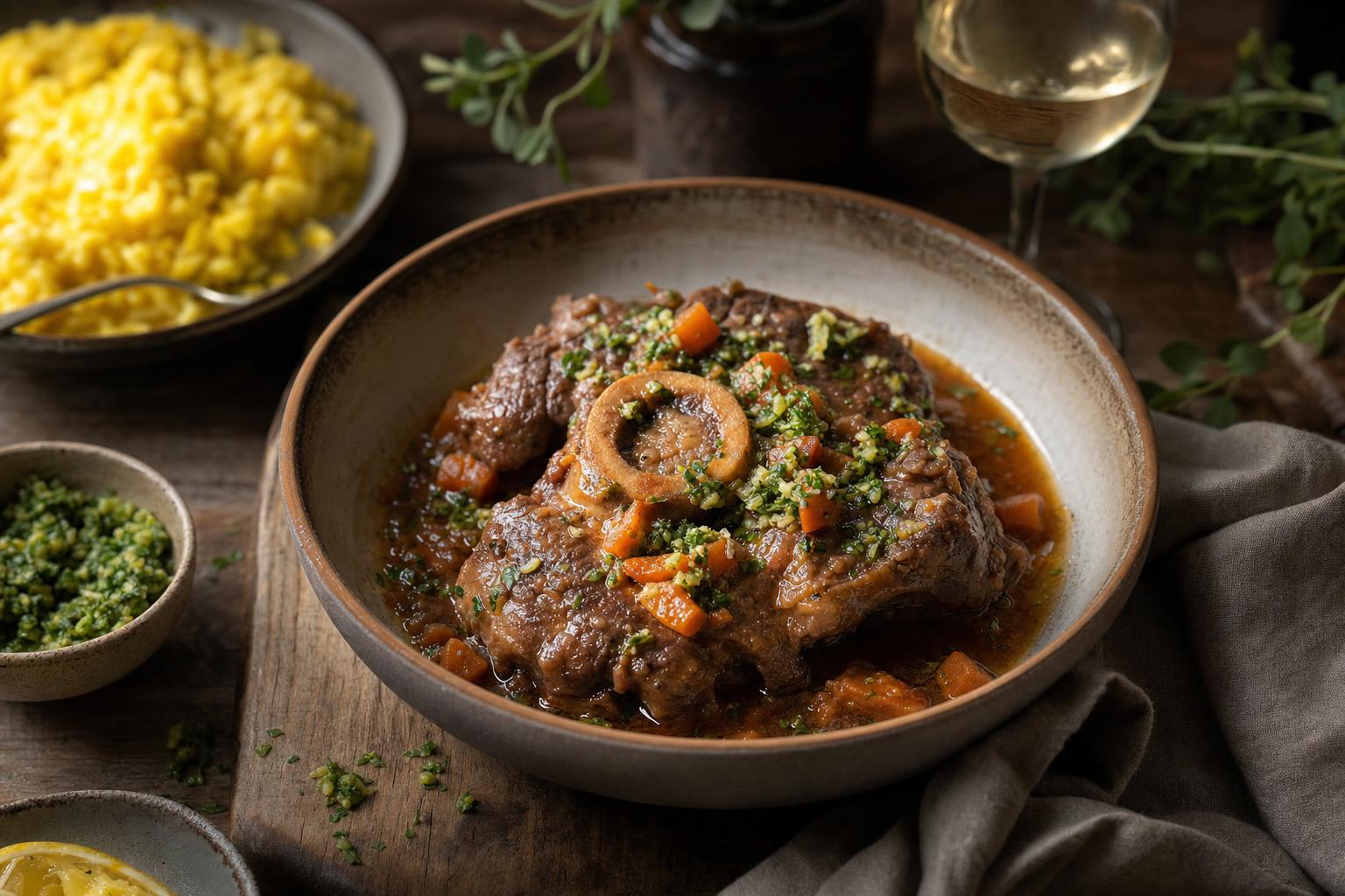 Geschmorte Kalbshaxe in brauner Sauce mit Karottenstücken und frischer Gremolata, serviert in einer rustikalen Schale auf Holztisch.