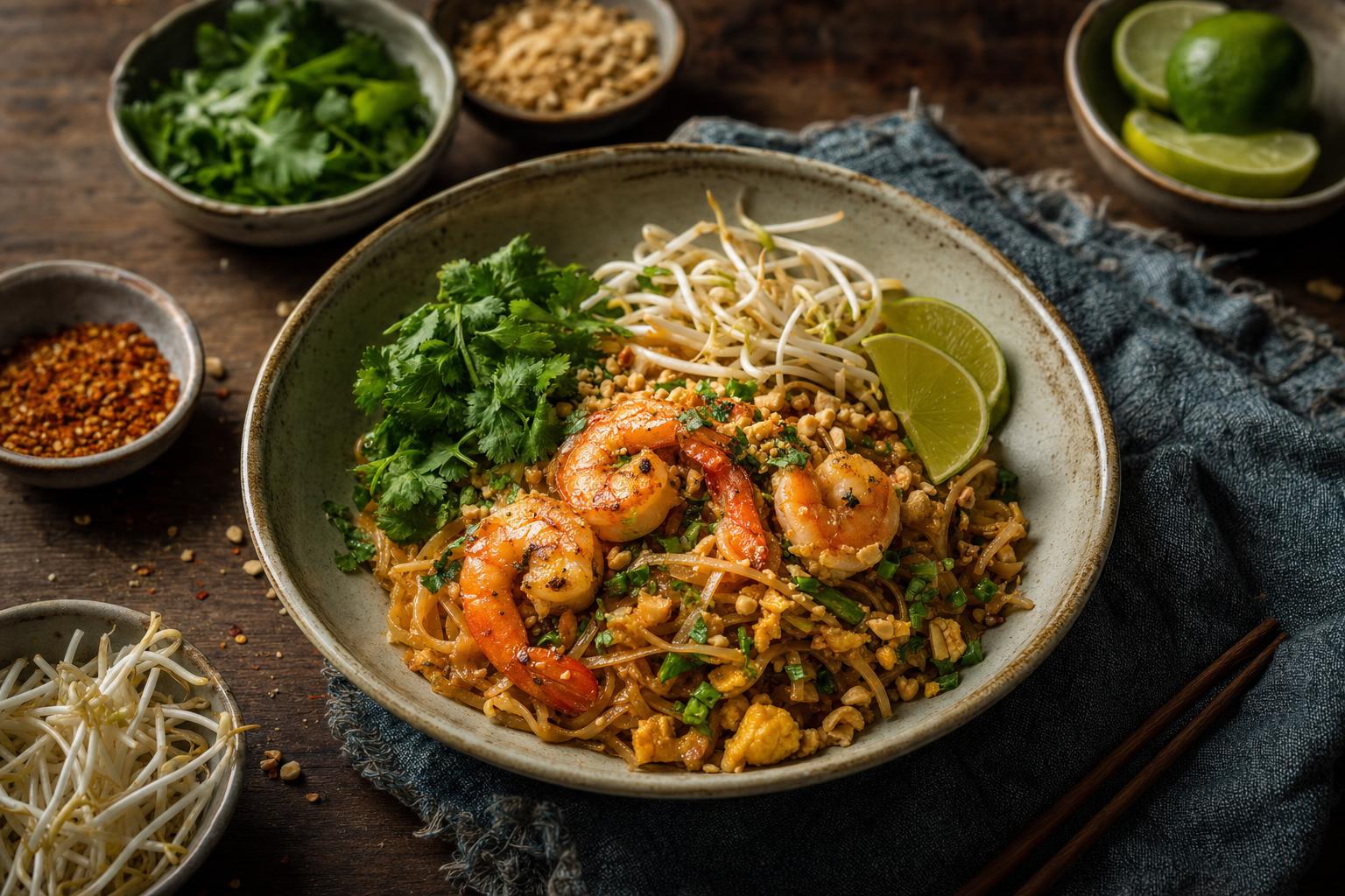Pad Thai mit Garnelen, Erdnüssen, Koriander, Limettenspalten und Sprossen in einer Schale, umgeben von kleinen Schälchen mit Zutaten.
