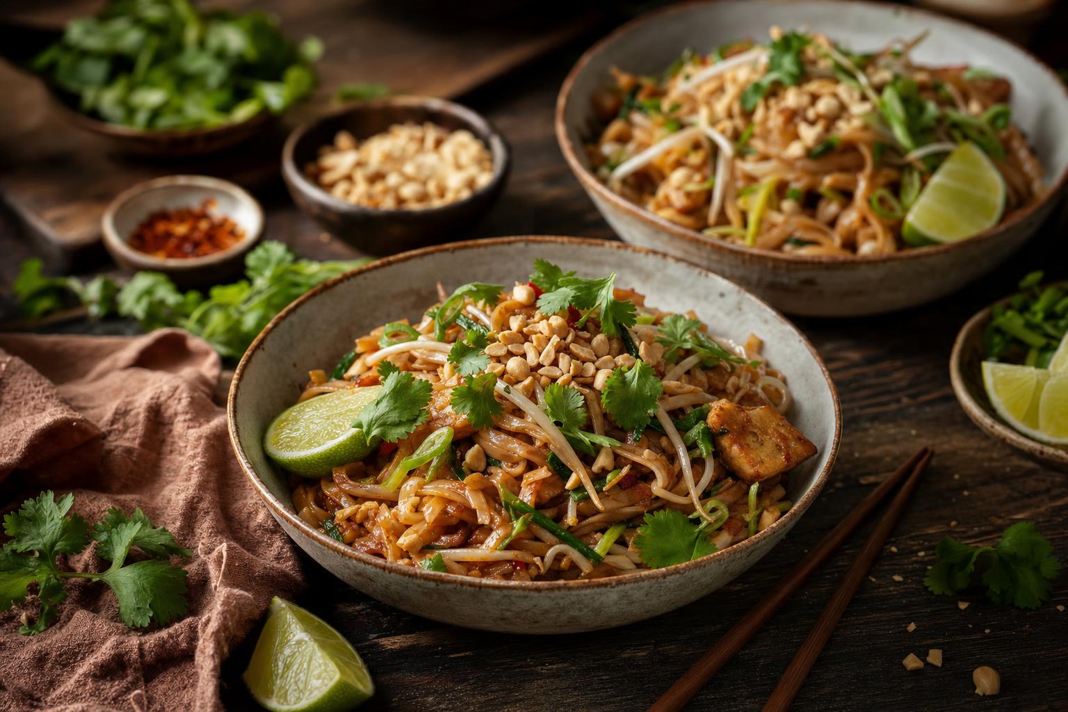 Mehrere Schalen Pad Thai mit Limettenspalten, Erdnüssen und Koriander auf Holztisch, daneben kleine Schälchen mit Kräutern und Nüssen.