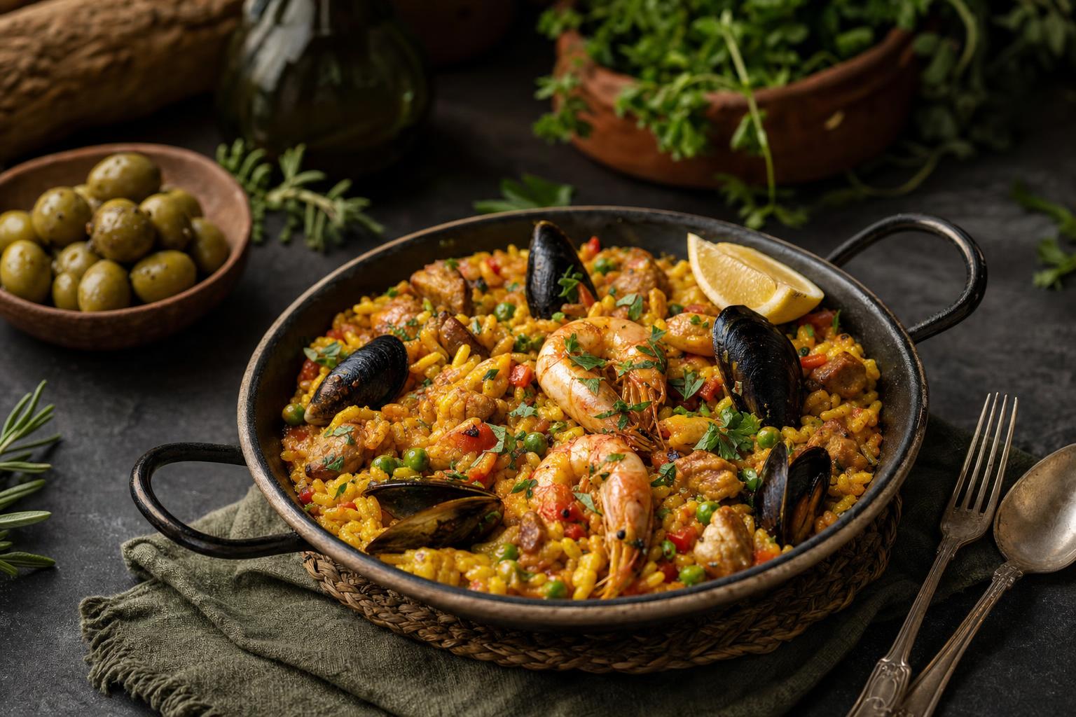 Paella mit gelbem Reis, Garnelen, Muscheln, Erbsen und Petersilie in schwarzer Pfanne, daneben Besteck und eine Schale grüne Oliven.