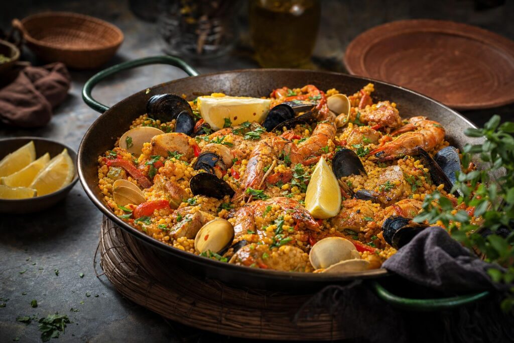 Spanische Paella mit gelbem Reis, Garnelen, Muscheln, Venusmuscheln und Zitronenspalten in einer Pfanne, garniert mit frischen Kräutern
