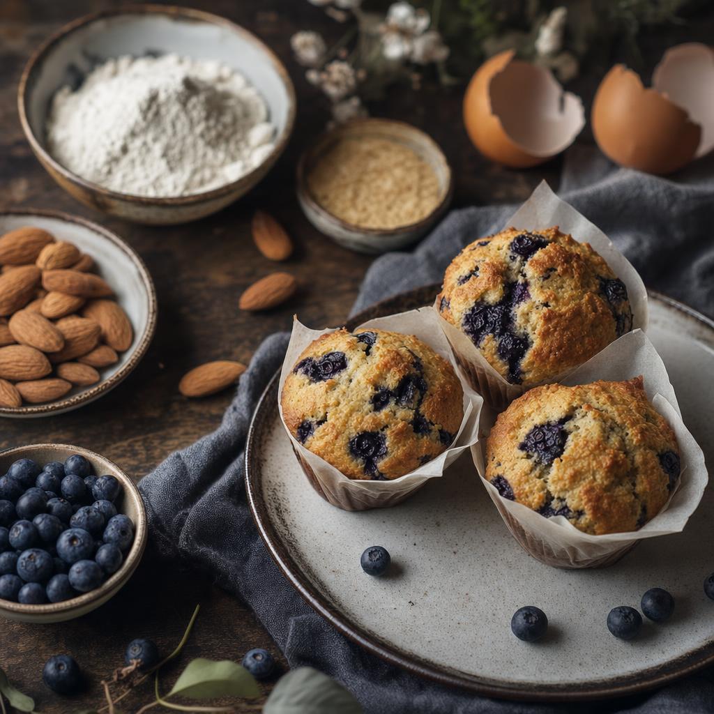 Drei goldbraune Blaubeermuffins auf blau-weißem Teller, umgeben von frischen Blaubeeren, Mandeln, Mehl und Eierschalen auf Holztisch.