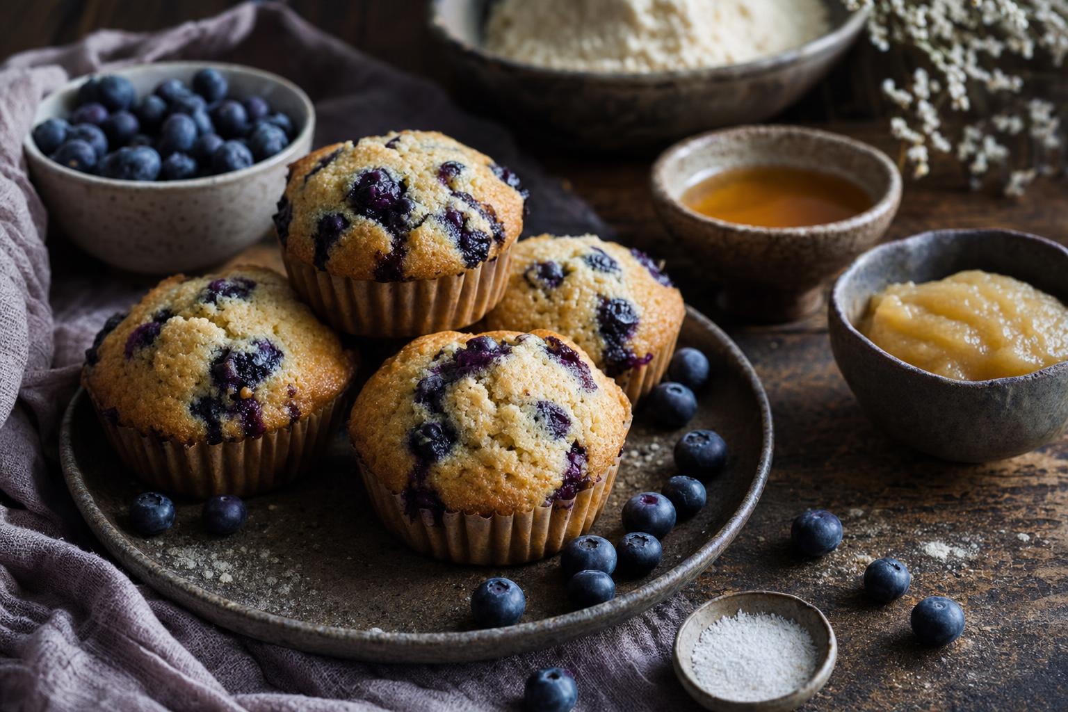 Sechs goldbraune Muffins mit sichtbaren Heidelbeeren auf einem weißen Teller, daneben einige frische Blaubeeren.
