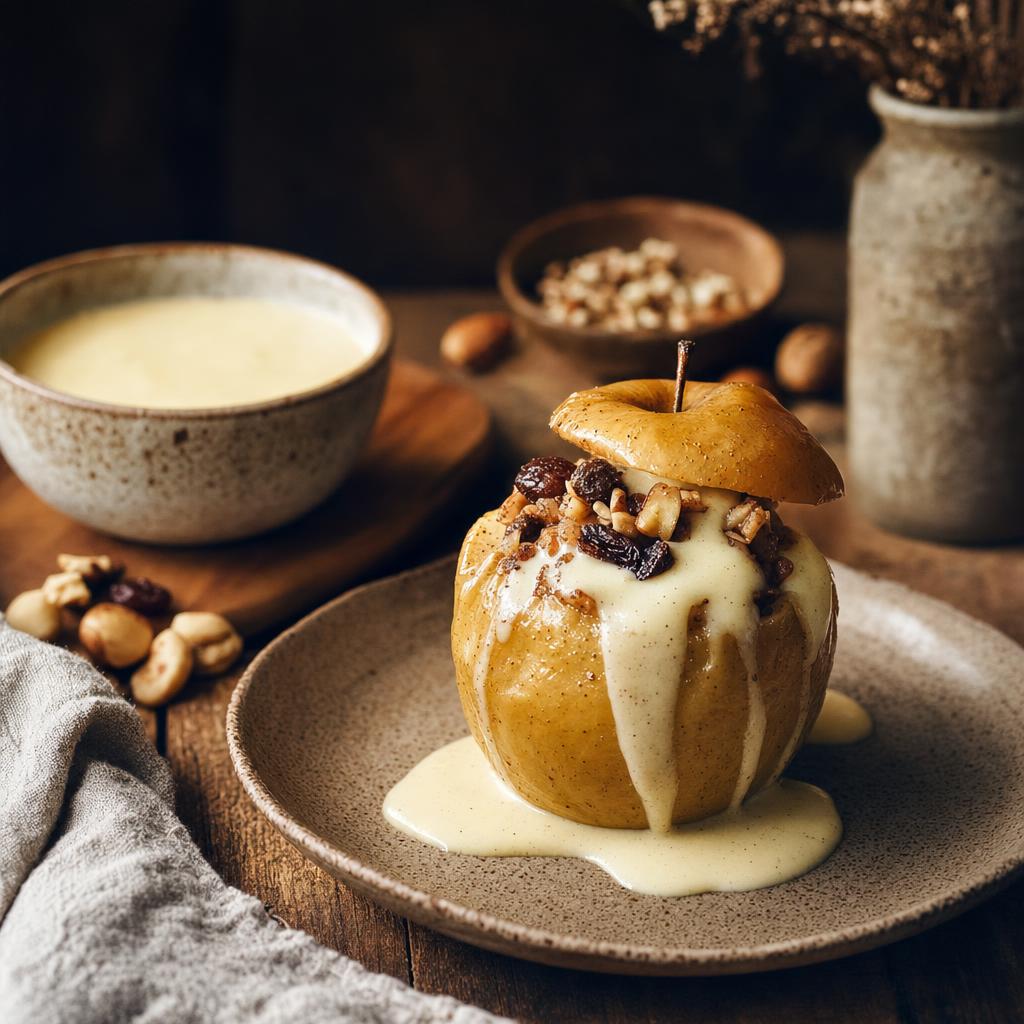 Gebackener Apfel mit Nuss-Rosinen-Füllung und Vanillesauce auf einem Keramikteller, daneben Schale mit Sauce, Nüsse und Rosinen.