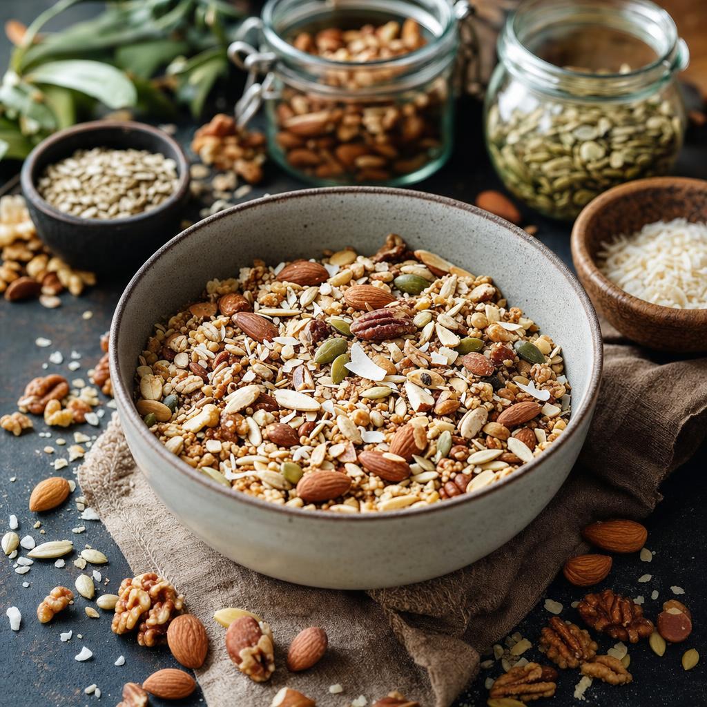 Schale mit Paleo Müsli aus Nüssen und Samen, daneben verstreute Zutaten auf dunkler Oberfläche, im Hintergrund Glasbehälter.