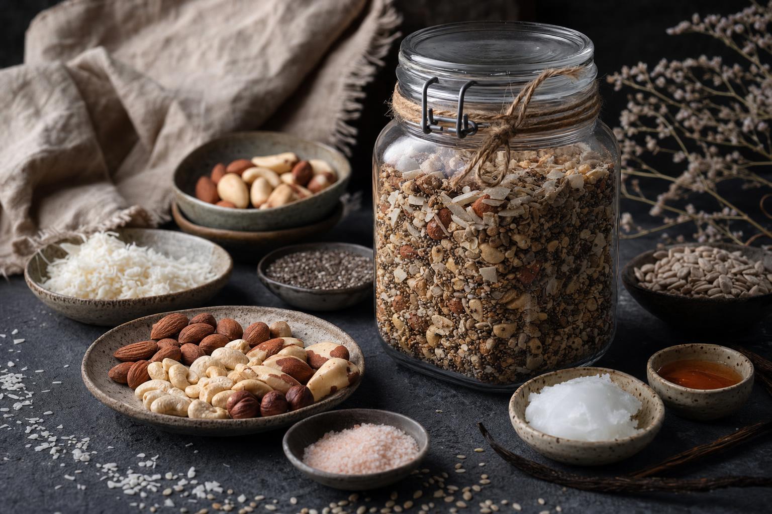 Knuspriges Paleo Müsli mit Nüssen, Kernen, Chiasamen und Kokosflocken in einer Schale, daneben frische Beeren.