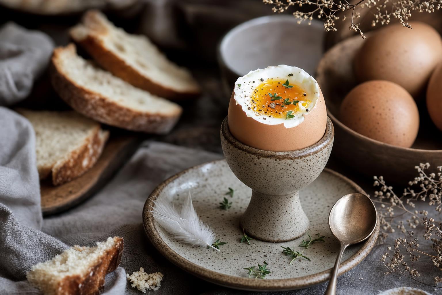 Weich gekochtes Ei mit leicht flüssigem Eigelb im Holzbecher, bestreut mit Kräutern, im Hintergrund Eierkarton und Brotscheiben.