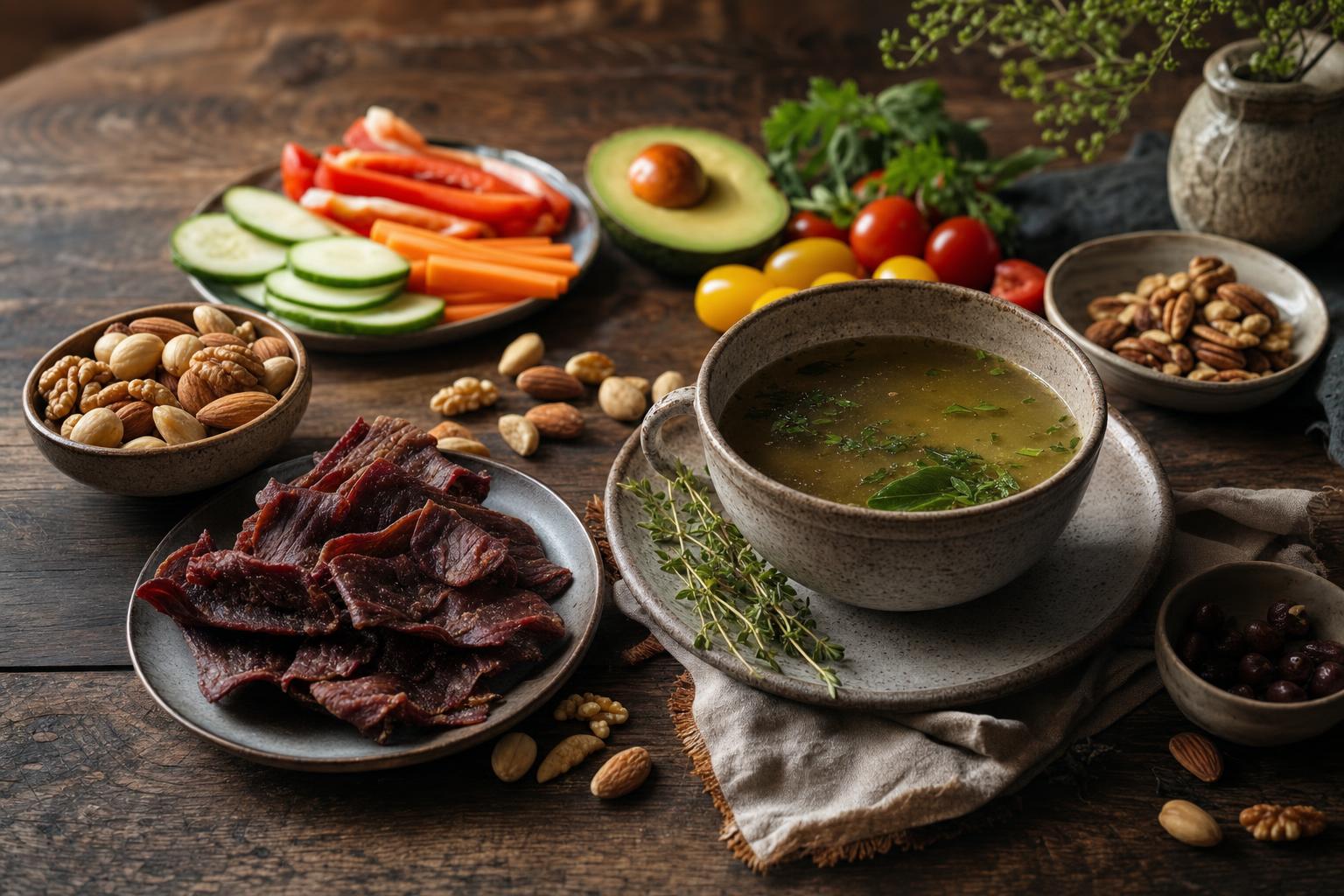 Rustikaler Holztisch mit gemischten Nüssen, Trockenfleisch, Gemüsescheiben, einer Tasse Brühe mit Kräutern und frischem Gemüse