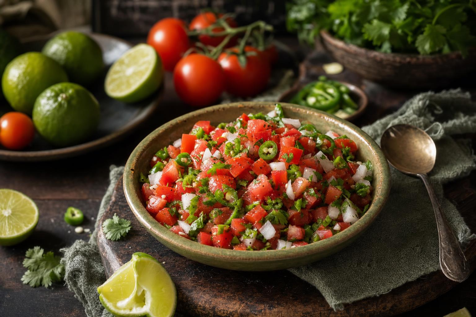 Schale mit frischem Pico de Gallo aus gewürfelten Tomaten, Zwiebeln, Koriander und grüner Chili, umgeben von Limetten und Tomaten.