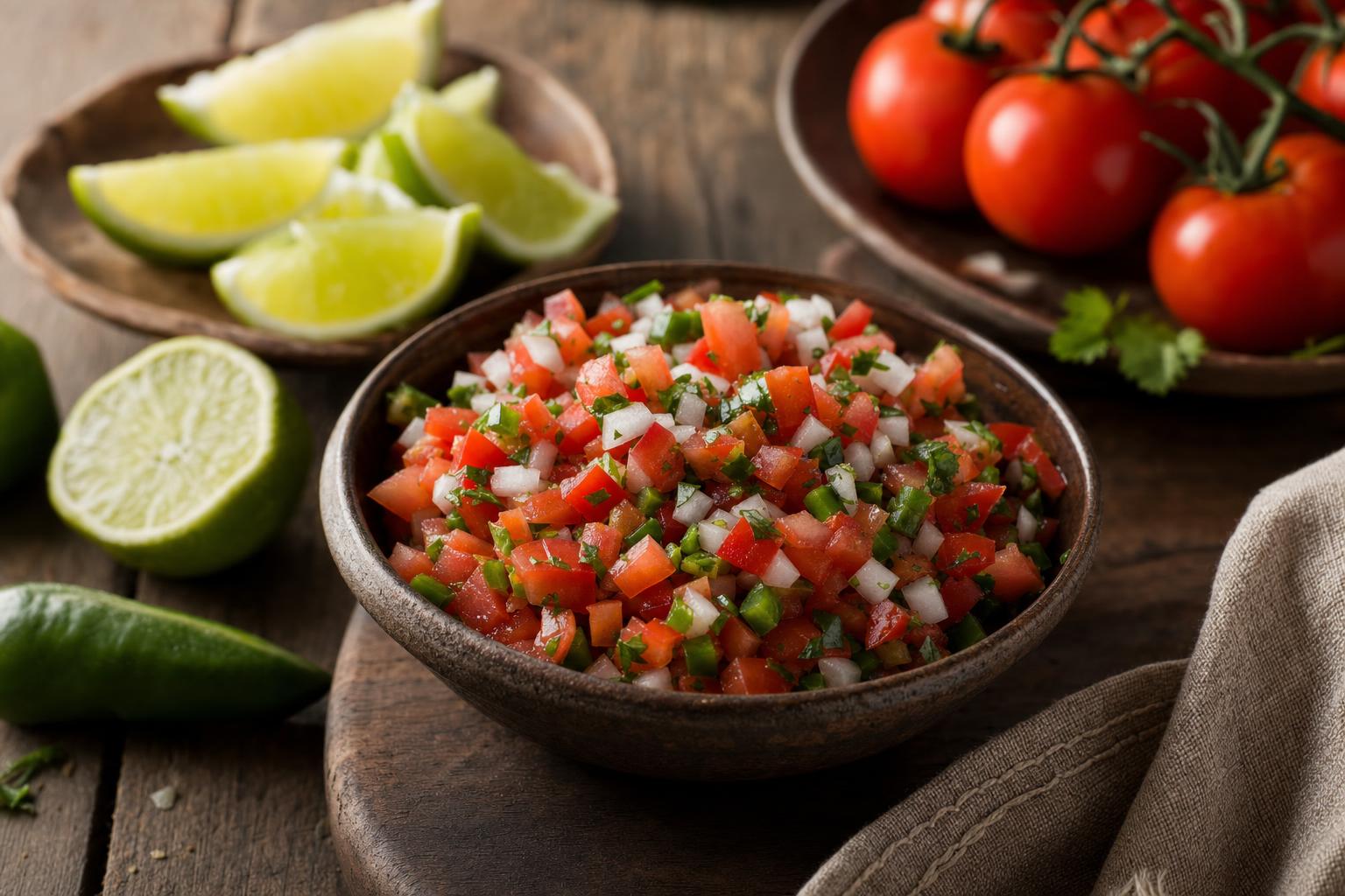 Kleine Schüssel mit frisch gehacktem Pico de Gallo aus Tomaten, Zwiebeln und Jalapeños, daneben Limetten und Tomaten auf Holztisch.