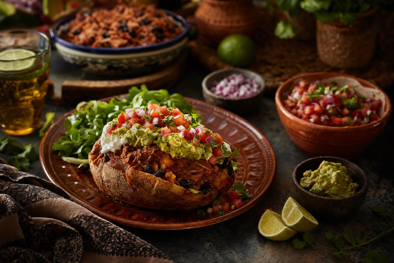 Frischer Pico de Gallo aus gewürfelten Tomaten, Zwiebeln, Koriander und Limettenspalten in einer weißen Schale serviert.
