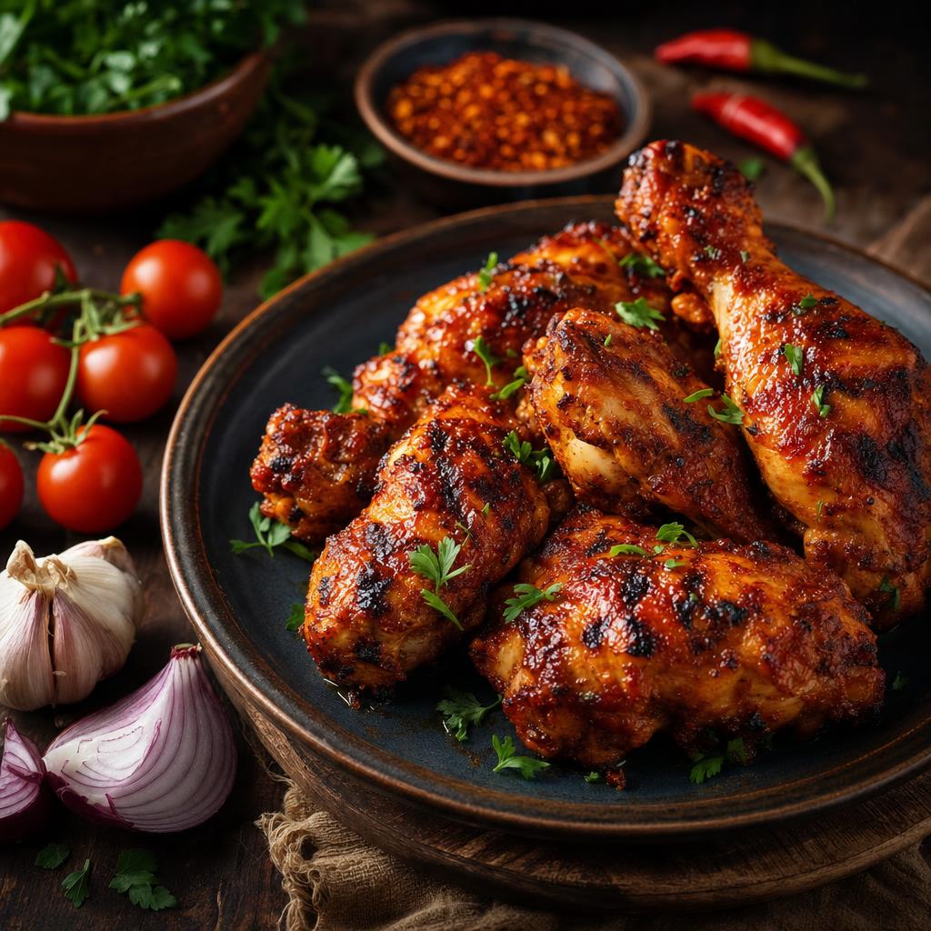 Mehrere gegrillte Piri Piri Hähnchenschenkel mit scharfer roter Sauce auf blauem Teller, umgeben von frischem Gemüse und Gewürzen.