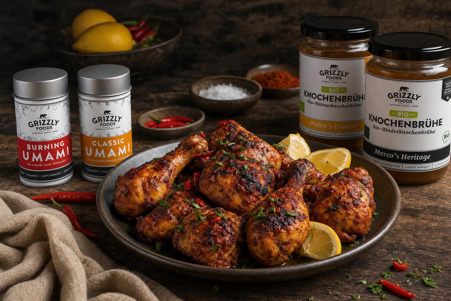 Gegrillte Hähnchenschenkel mit würziger, roter Piri-Piri-Marinade auf einem Teller, dazu Zitronenscheiben und frische Kräuter.
