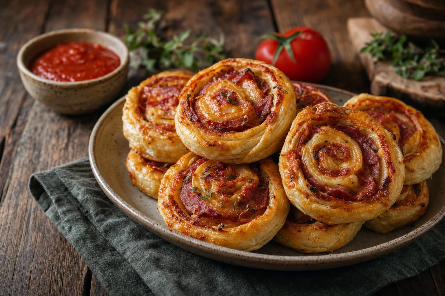 Goldbraune Pizzaschnecken aus Blätterteig mit Tomatensauce und Salami auf einem Teller, daneben Tomate und Schälchen mit Sauce.