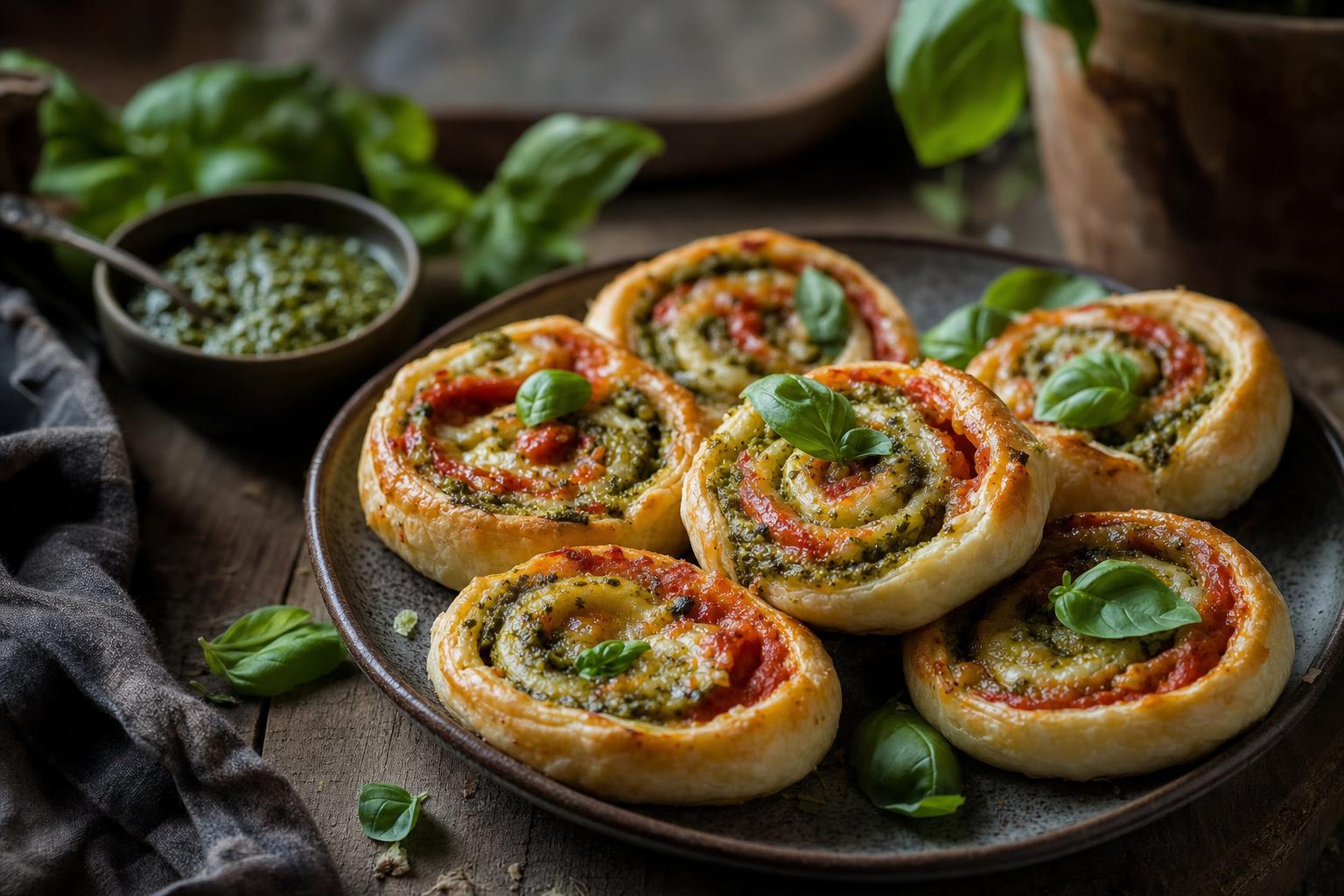Vegetarische Pizzaschnecken aus Blätterteig mit Tomatensauce und grünem Pesto, garniert mit frischem Basilikum auf einem Teller.
