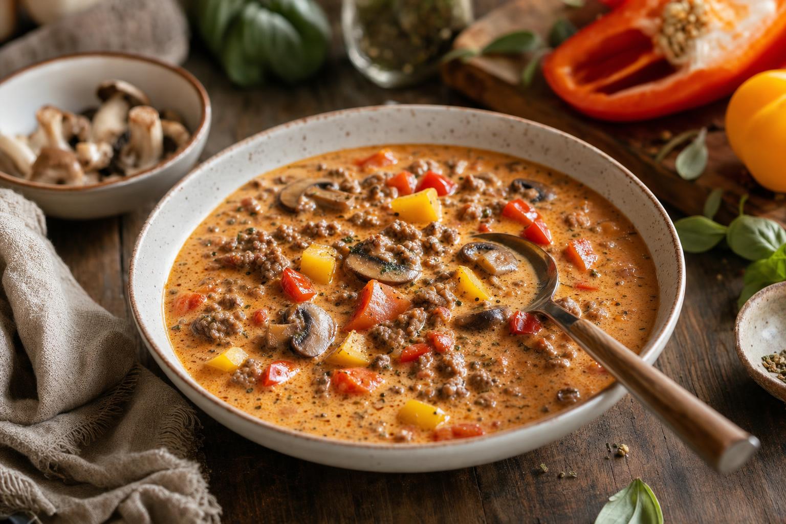 Schale mit cremiger Pizzasuppe, gefüllt mit Hackfleisch, Paprika, Champignons und einem Löffel, in hellem Licht serviert.