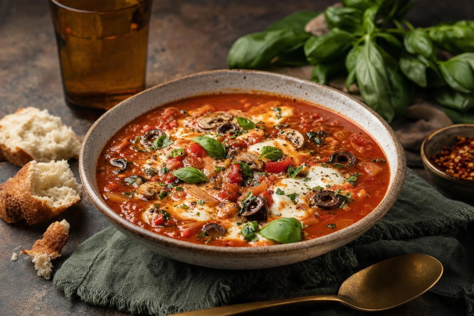 Cremige Pizzasuppe mit Paprika, Mais, Tomaten und Käse, serviert in einer weißen Schale, garniert mit frischen Kräutern