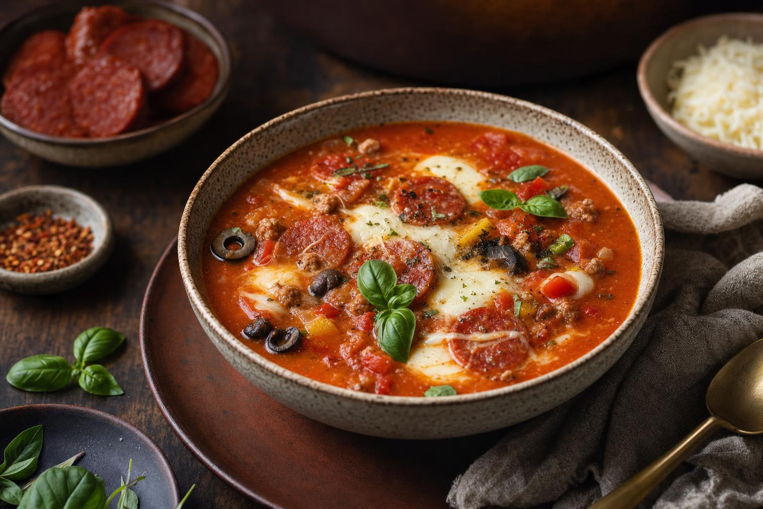 Cremige Pizzasuppe mit Tomaten, Paprika, Mais, Cabanossi-Scheiben und geschmolzenem Käse, serviert in einer weißen Schale.