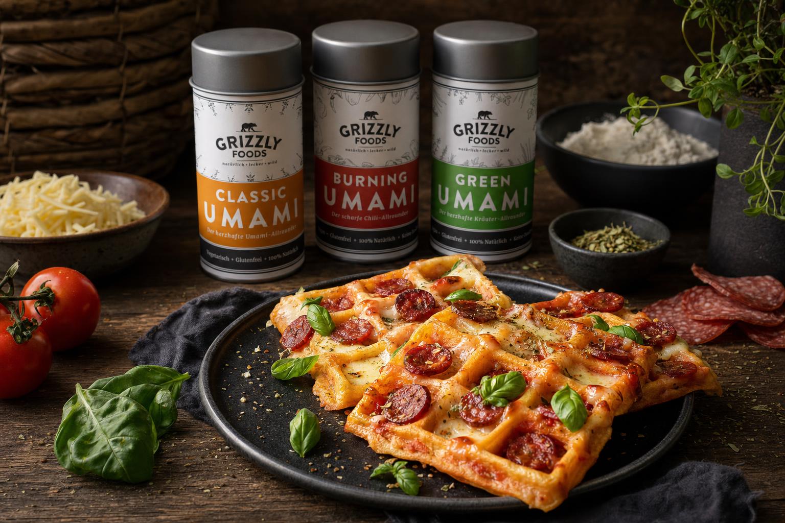 Herzhafte Pizzawaffeln mit goldbrauner Kruste, gefüllt mit Salami und geschmolzenem Käse, auf einem Teller angerichtet