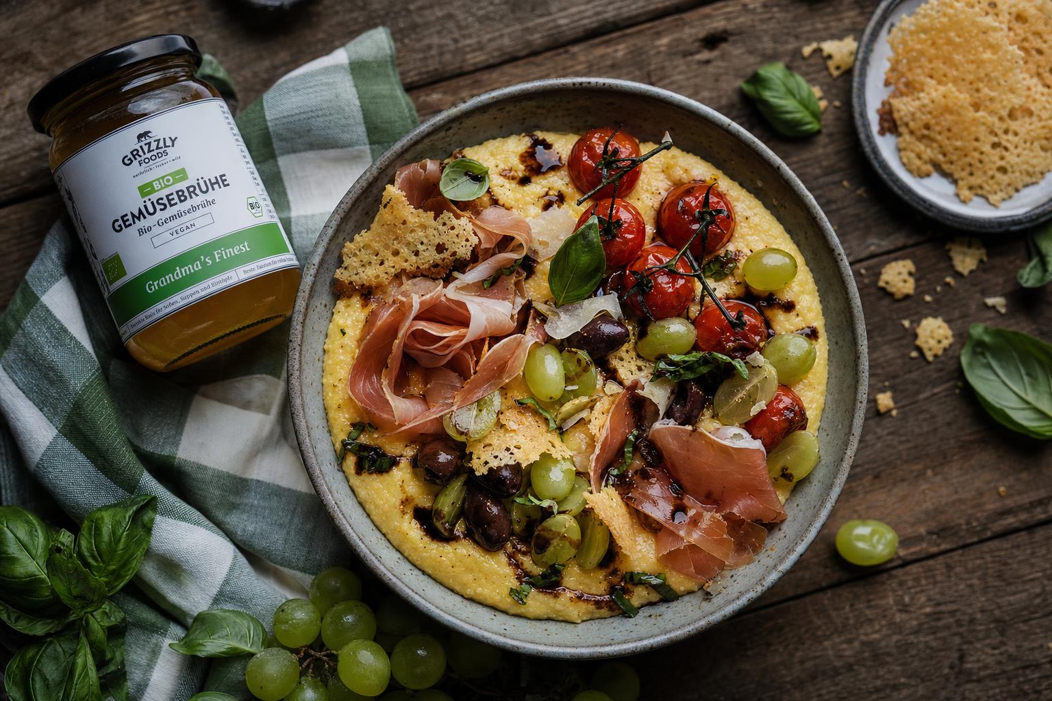 Bunte Polenta Bowl mit gerösteten Tomaten, grünen Trauben, Serrano Schinken, Oliven, Käsechips und frischem Basilikum auf Holz.
