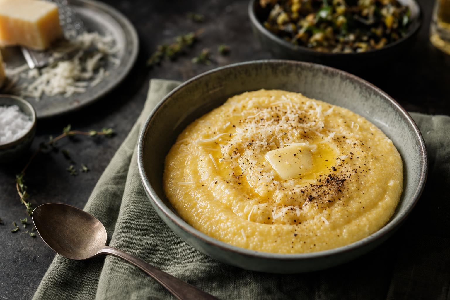 Schale mit cremiger Polenta, darauf geschmolzene Butter, schwarzer Pfeffer und geriebener Käse, serviert auf einem Tuch.