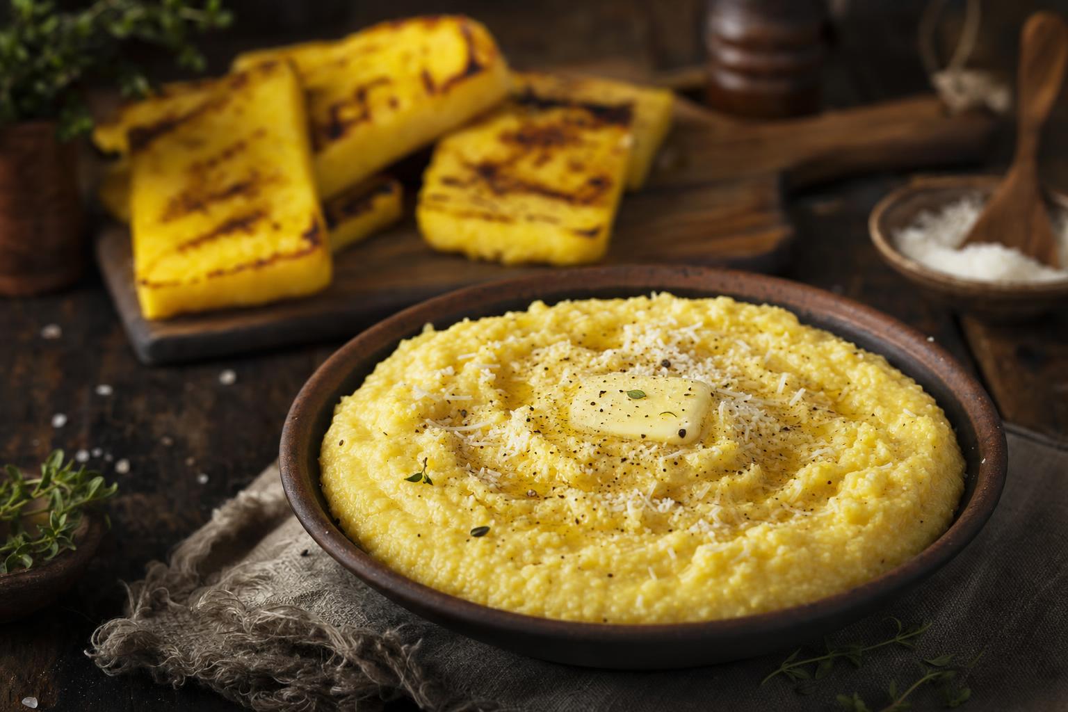 Cremige Polenta in einer braunen Schale, garniert mit Butter, geriebenem Käse und Pfeffer, im Hintergrund gebratene Polentascheiben.