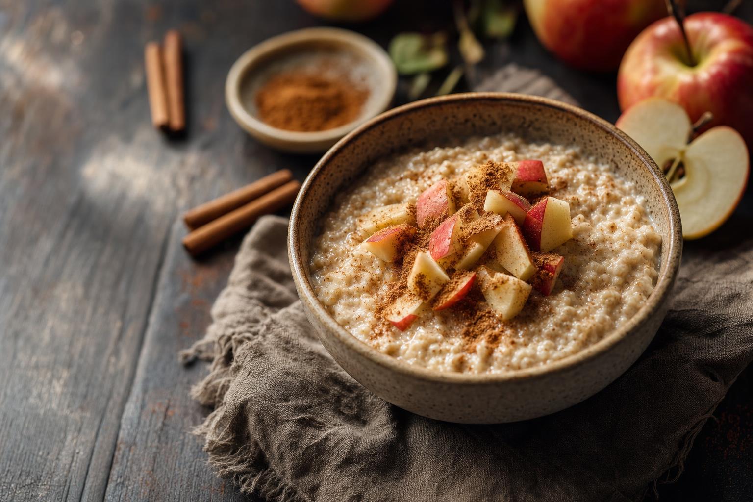Holzschale mit cremigem Porridge, belegt mit Apfelstücken und Zimt, daneben ein Holzlöffel, im Hintergrund Zimtstangen.