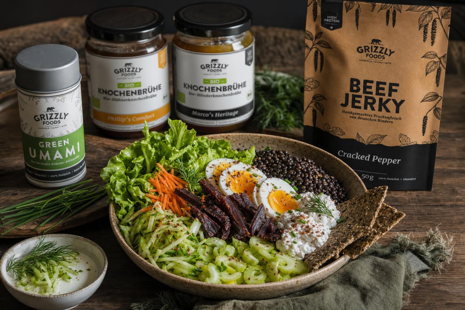 Protein Bowl mit Beluga-Linsen, gekochten Eiern, Hüttenkäse, Karotten, Sellerie, Kopfsalat, Beef Jerky und frischen Kräutern.