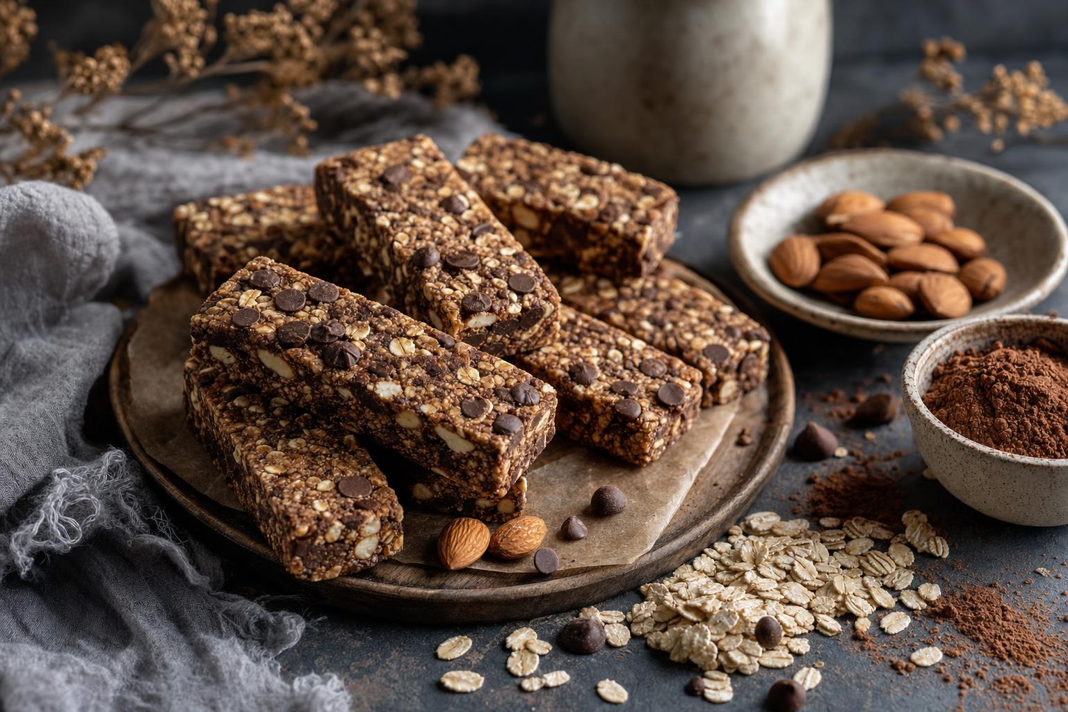 Mehrere Proteinriegel mit Haferflocken, Nüssen und Schokostückchen auf einem Holzbrett, daneben Mandeln, Hafer und Kakaopulver.