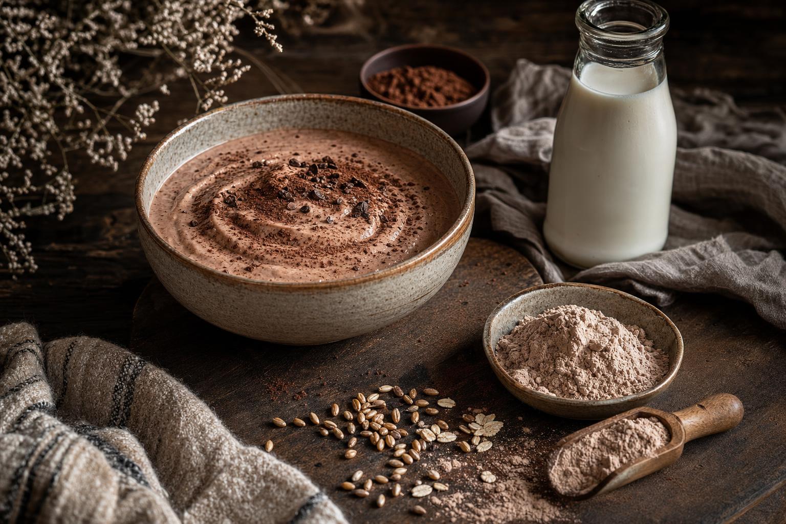 Cremiger Proteinshake in einer Schale mit Kakaopulver, daneben Proteinpulver, Getreidekörner und eine Flasche Milch auf Holztisch