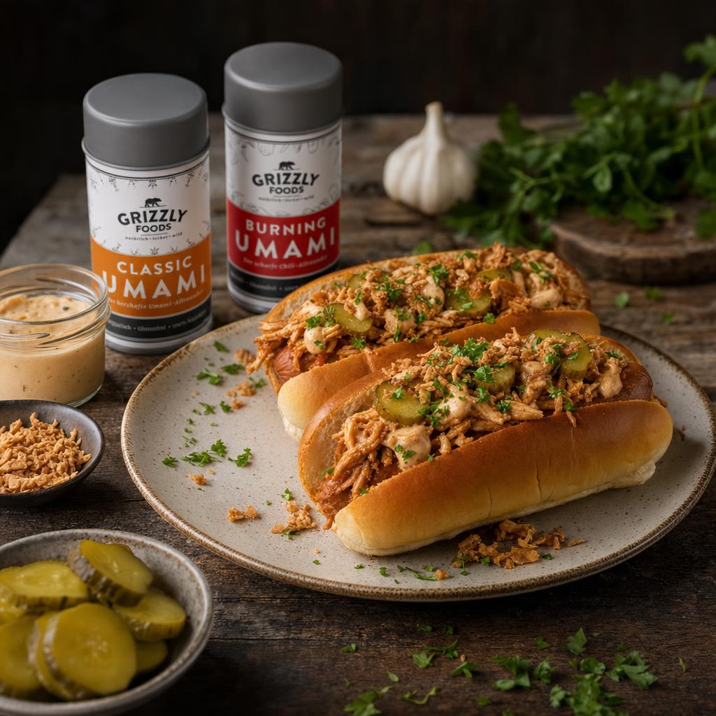 Zwei Hot Dogs mit Pulled Chicken, Gurkenscheiben, Röstzwiebeln und frischen Kräutern in weichen Brötchen auf Holzuntergrund.