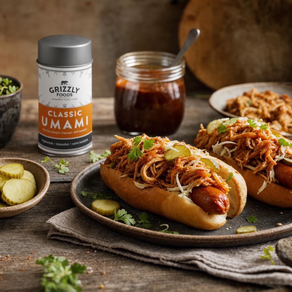Hand hält einen Hotdog mit Pulled Chicken, Kräutern und Gurken im Brötchen; im Hintergrund weitere Hotdogs, Pickles und Soße.