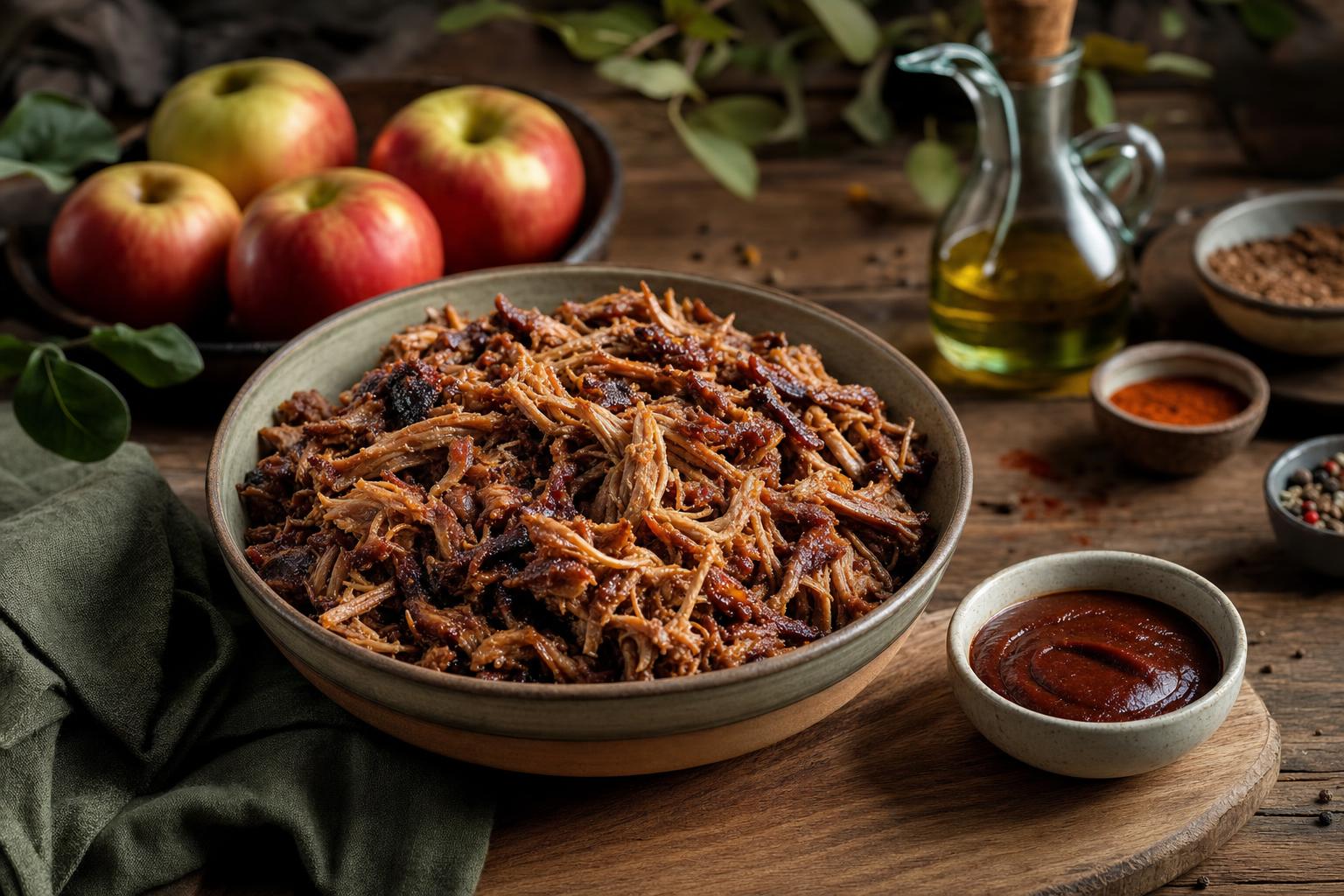 Große Schüssel mit saftigem, gezupftem Pulled Pork, daneben frische Äpfel, Barbecuesoße, Öl und Gewürze auf Holztisch.