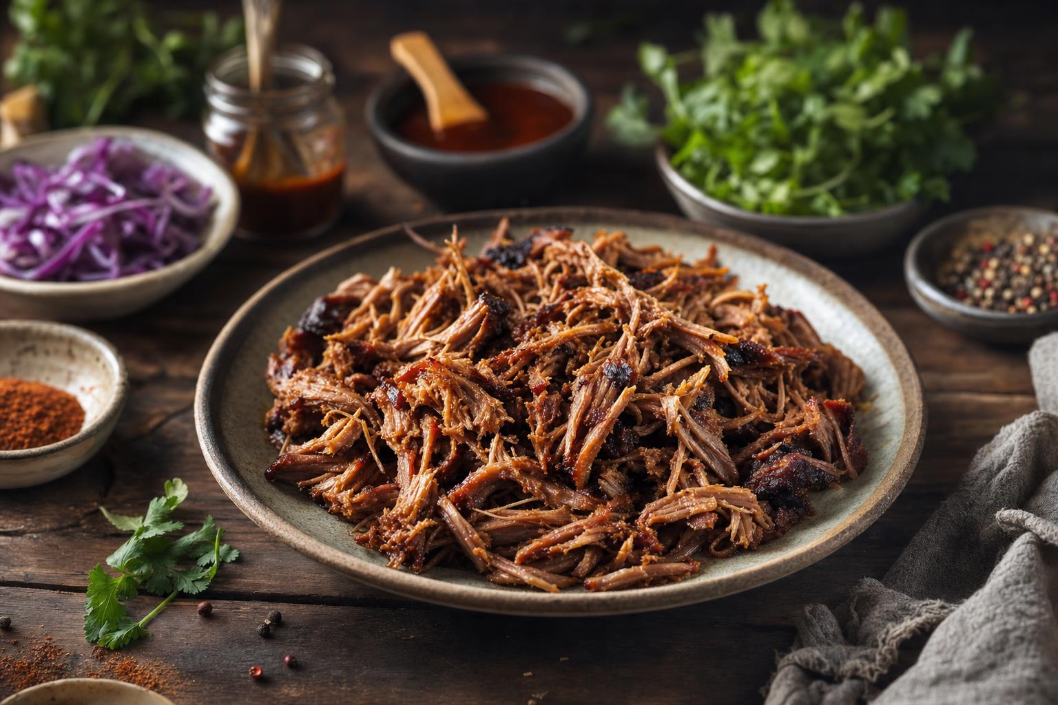 Saftiges, zartes Pulled Pork auf einem Teller, umgeben von Schalen mit Gewürzen, frischen Kräutern und Marinade auf Holztisch.
