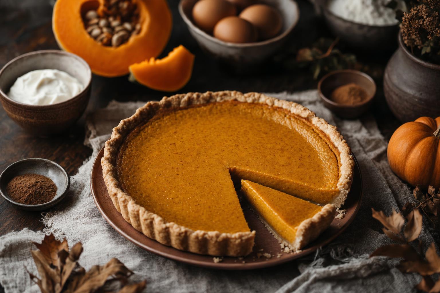 Kürbiskuchen mit goldbrauner Kruste, gefüllt mit cremiger orangefarbener Kürbismasse, auf einem weißen Teller serviert.