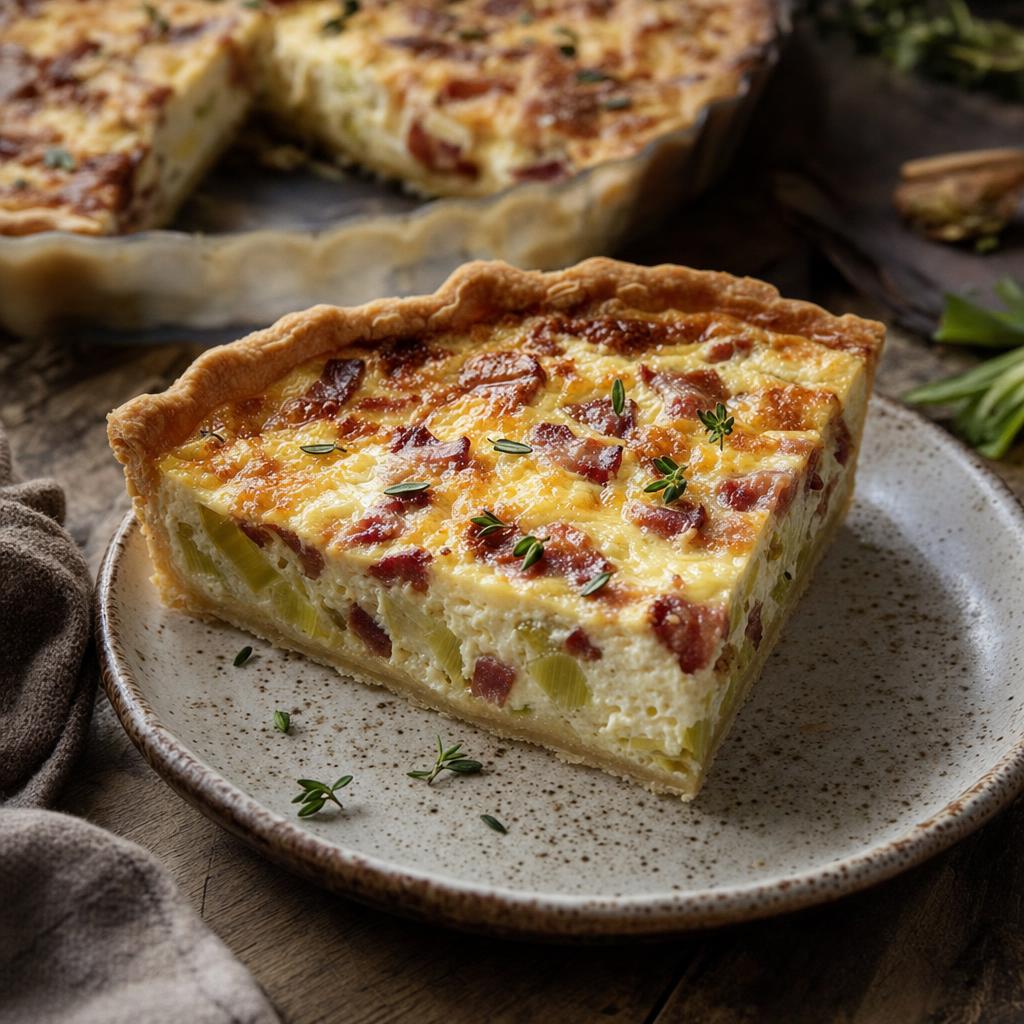 Ein Stück Quiche Lorraine mit goldbrauner Kruste und cremiger Füllung liegt auf einem weißen Teller, kein Besteck sichtbar.