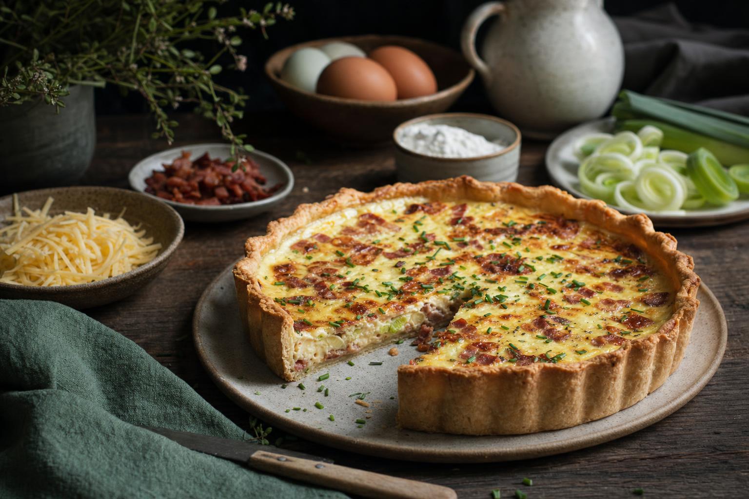 Quiche Lorraine mit goldbrauner Kruste, gefüllt mit Speck, Ei, Sahne und geschmolzenem Käse in einer runden Tarteform.