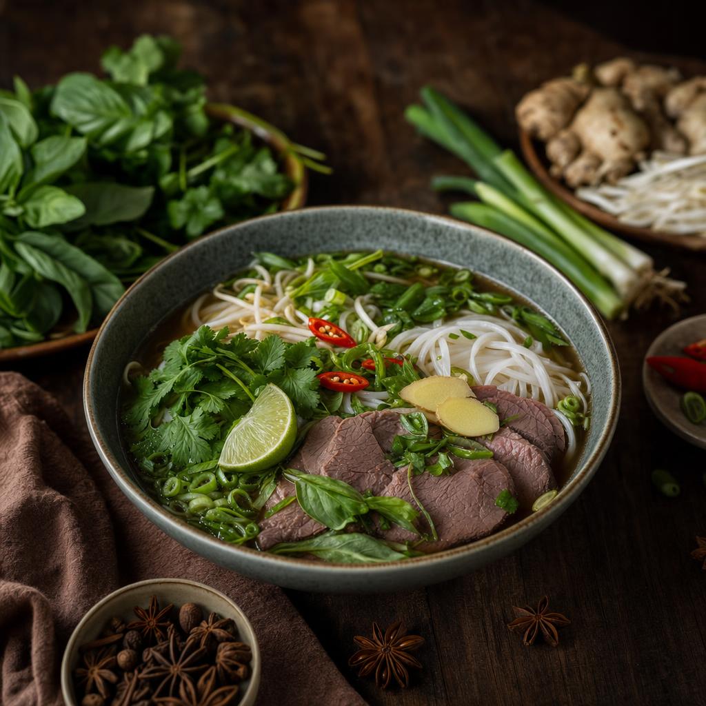 Schale mit Pho-Suppe, Reisnudeln, Rindfleisch, frischen Kräutern und Limette, umgeben von Zutaten wie Koriander und Frühlingszwiebeln.