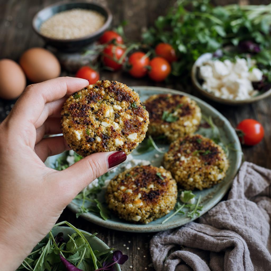 Eine Hand hält einen goldbraunen Quinoa-Feta-Bratling, im Hintergrund weitere Bratlinge auf einem Teller mit frischen Zutaten.