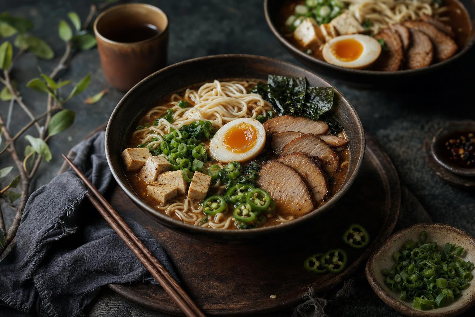 Zwei Schalen Ramen mit Nudeln, Fleisch, Tofu, halbem Ei, Frühlingszwiebeln und Chili auf grauem Stein, umgeben von kleinen Schälchen mit Top