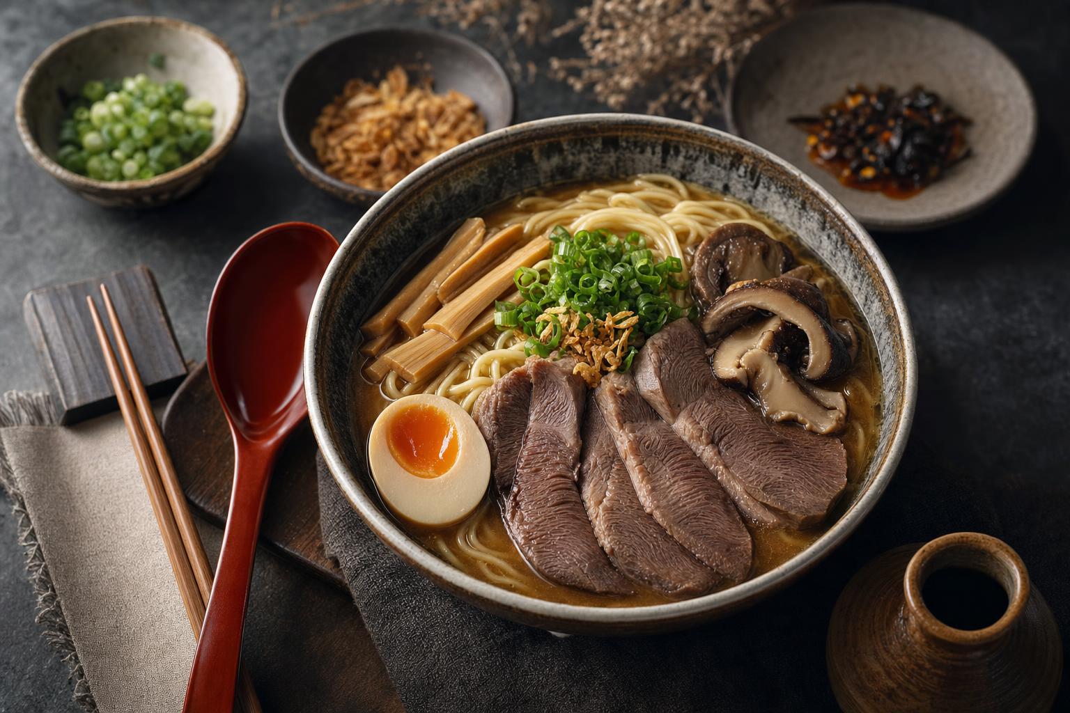 Schüssel Ramen mit Nudeln in Brühe, Rindfleisch, Pilzen, Bambussprossen, Frühlingszwiebeln und halbem Ei, daneben Beilagen und Essstäbchen