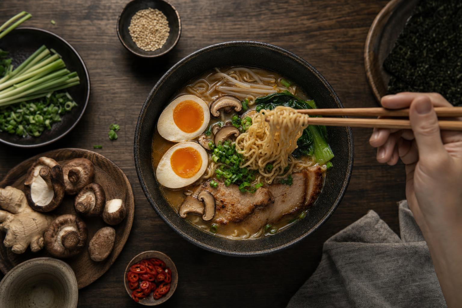 Eine Hand hebt mit Stäbchen dampfende Ramen-Nudeln aus einer dunklen Schüssel, der aufsteigende Dampf ist deutlich sichtbar.
