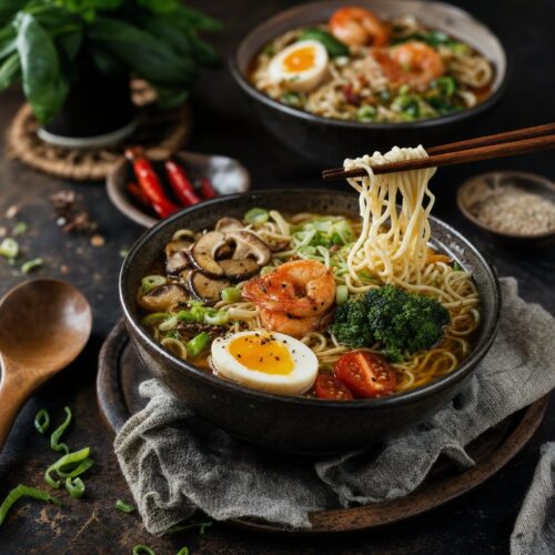 Zwei Schalen Ramen mit Nudeln, Garnelen, Brokkoli, Tomaten und Pilzen, dazu Holzbesteck und eine gemusterte Serviette.